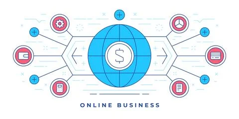 Vector illustration of flat line banner with globe and money colorful icons.. Illustrazione stock