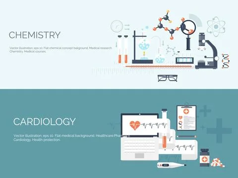 Vector illustration. Flat medical and chemical background. Research experiment Stock Illustration