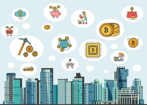 Vector illustration in flat style with crypto currency icons in sky - bitcoin Stock Illustration