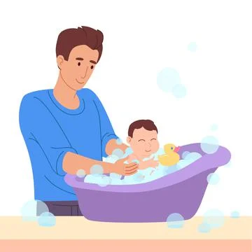 Vector illustration in a flat style. Father bathes a small child. The kid has Stock Illustration