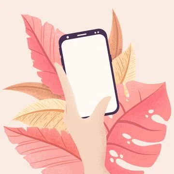 Vector illustration in flat style with hand holding mobile phone and tropical Stock Illustration
