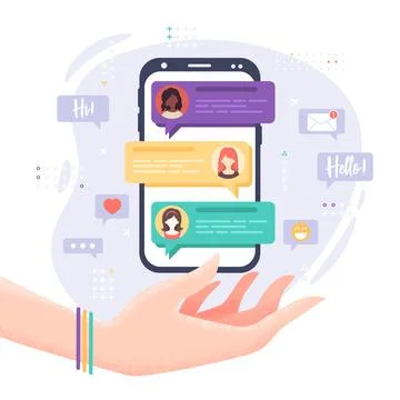 Vector illustration in flat style with hand, mobile phone, messages and icons Stock Illustration