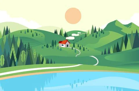Vector illustration in flat style of house in the hill with lake and forest n Stock Illustration