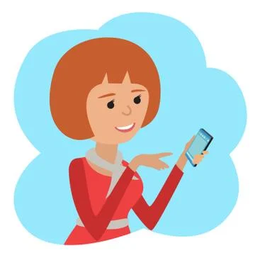 Vector illustration in flat style. Icon girl with smartphone in hand Illustrazione stock
