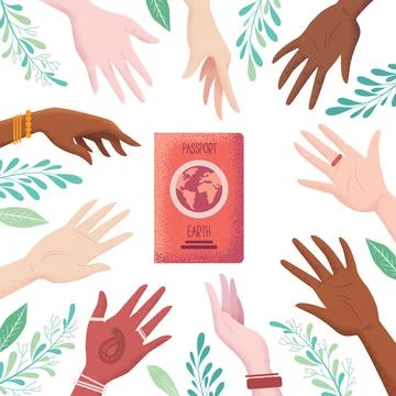 Vector illustration in flat style with men and women hands and Earth passport Stock Illustration