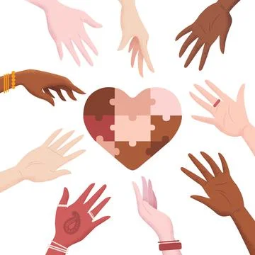 Vector illustration in flat style with men and women hands and heart puzzle i Stock Illustration