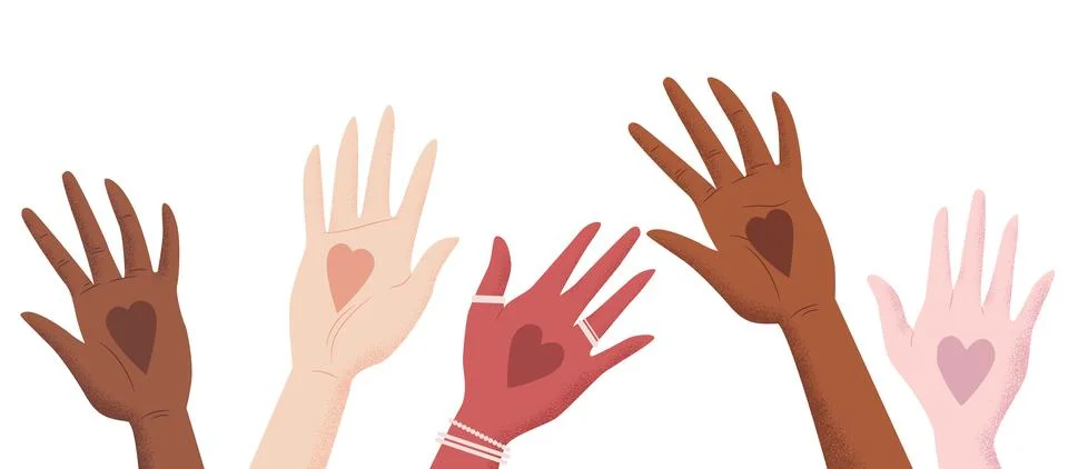 Vector illustration in flat style with men and women hands and hearts isola.. Stock Illustration