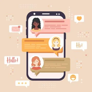 Vector illustration in flat style with mobile phone, messages and icons isola Stock Illustration