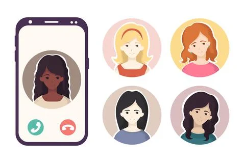 Vector illustration in flat style with mobile phone and young woman avatars c Stock Illustration