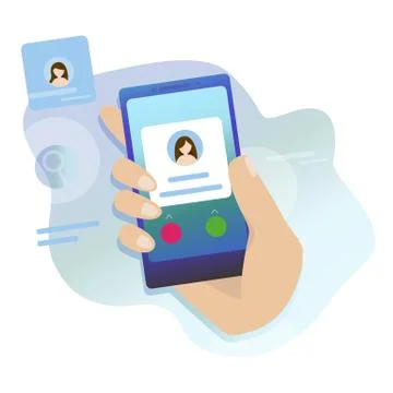 Vector illustration in flat style. One hand holds smartphone and finger touch Stock Illustration