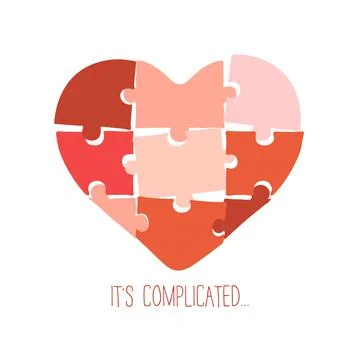 Vector illustration in flat style with red puzzles making a heart and letteri Stock Illustration
