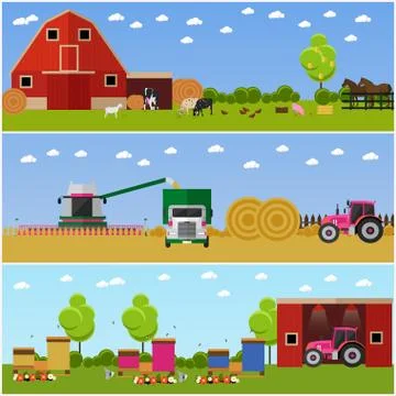 Vector illustration in flat style. Set of farming, wheat harvesting, beekeeping Stock Illustration