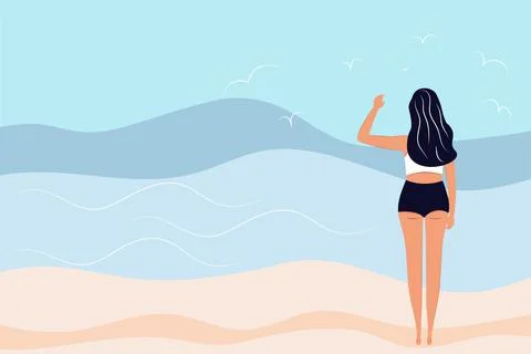 Vector illustration in a flat style. A slender girl in a bikini on the beach. Stock Illustration