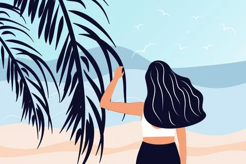 Vector illustration in a flat style. A slender girl in a bikini on the beach, Stock Illustration