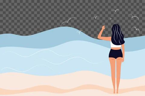 Vector illustration in a flat style. A slender girl in a bikini on the beach. Stock Illustration