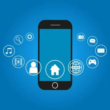 Vector illustration of flat style smartphome with icons. Isoolated. Stock Illustration