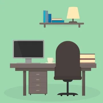 Vector illustration in flat style of table with computer, books and cup, book 스톡 일러스트