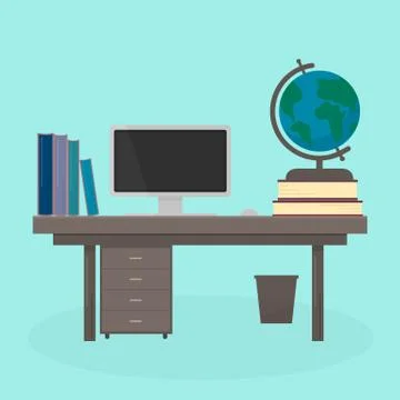 Vector illustration in flat style of table with computer, books and globe on  Stock Illustration