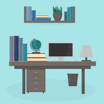 Vector illustration in flat style of table with computer, books, lamp and glo 스톡 일러스트