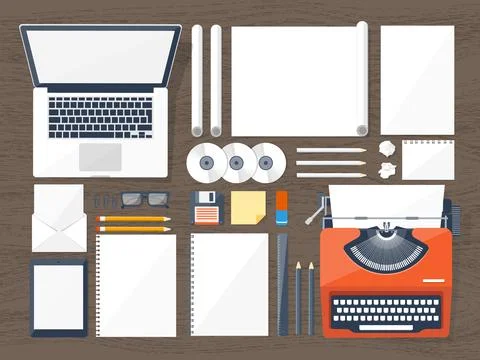 Vector illustration. Flat typewriter.Laptop. Tell your story. Author. Blogging. Stock Illustration