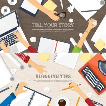 Vector illustration. Flat typewriter.Laptop. Tell your story. Author. Blogging. Stock Illustration