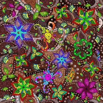 Vector illustration. Flowers on brown, green and black colors. Floral seamless p Stock Illustration