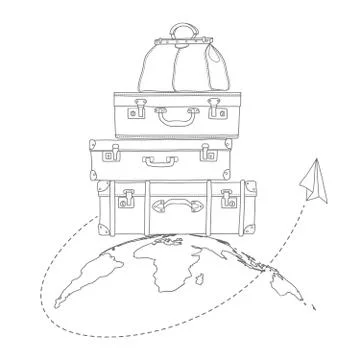 Vector illustration of flying air plane around travel suitcases on planet Stock Illustration