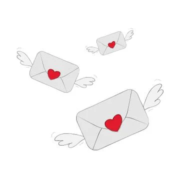 Vector illustration. Flying closed envelope with wax heart heart and wings. Stock Illustration