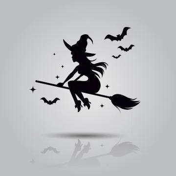 Vector illustration of flying young witch icon. Witch silhouette on a broomstick Stock Illustration