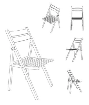 Vector illustration of folding chair with different views, outline 스톡 일러스트
