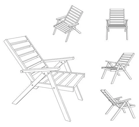 Vector illustration of folding chair with different views, outline Stock Illustration