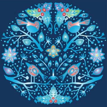 Vector illustration of folk art pattern with birds and flowers Stock Illustration