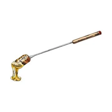 Vector illustration of fondue fork with loaf slice with melted dripping cheese. Stock Illustration