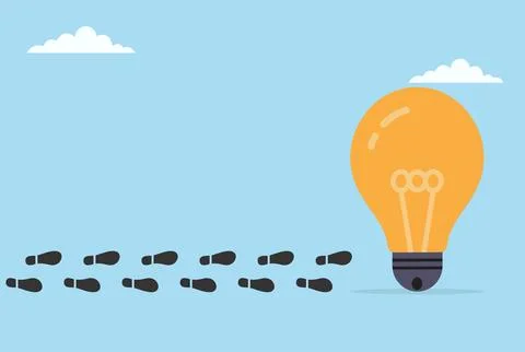 Vector illustration of footprints moving toward a light bulb Stock Illustration