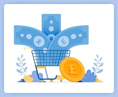 Vector illustration of foreign banknote currency enter shopping cart. euros n Stock Illustration