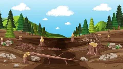 Vector Illustration of a Forest Landscape with Beaver Dam and Stumps Illustrazione stock