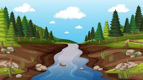 Vector Illustration of a Forest River Flowing Through Muddy Banks Stock Illustration