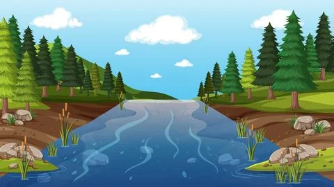 Vector Illustration of a Forest River with Pine Trees and Cattails Stock Illustration