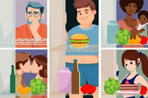 Vector illustration in the form of a grid of six scenes depicting different p Stock Illustration