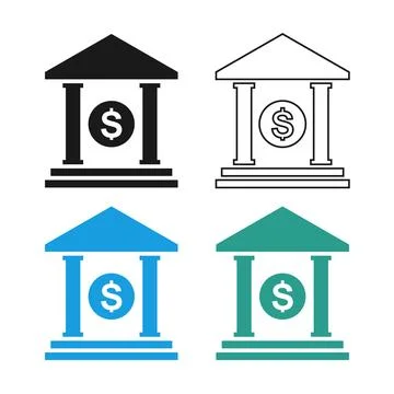 Vector illustration of four bank building icons in solid, outline, blue Ilustración de archivo