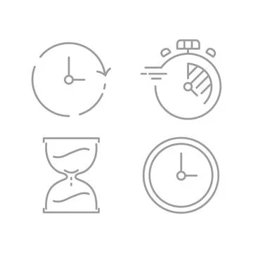 Vector illustration. Four clock icons. Gray icon on isolated on white backg.. Stock Illustration