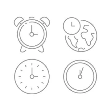 Vector illustration. Four clock icons. Gray icon on isolated on white backg.. Stock Illustration