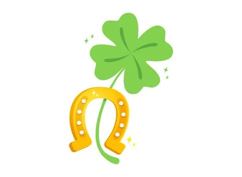 Vector illustration of a four leaf clover and horseshoe. Lucky clover and h.. Stock Illustration