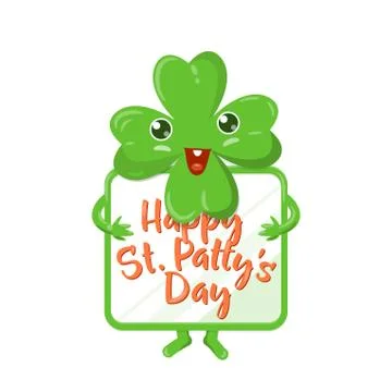 Vector illustration of four leaved green emoji clover with celebration poster Ilustração Stock