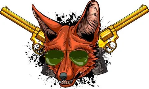 Vector illustration of Fox head with two gun Stock Illustration