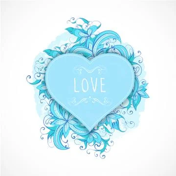 Vector illustration with frames in heart shape, floral and watercolor  elementsю Stock Illustration