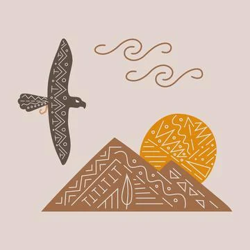 Vector illustration with free flying eagle from wild west, sunset in mountains Stock Illustration