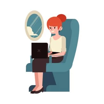 Vector illustration of freelancer working with laptop flying in airplane sitting Stock Illustration