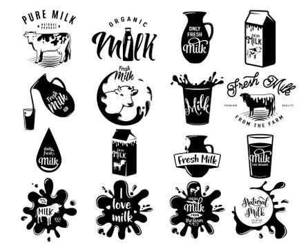 Vector illustration of fresh dairy milk logos, stamps for milky natural product Stock Illustration
