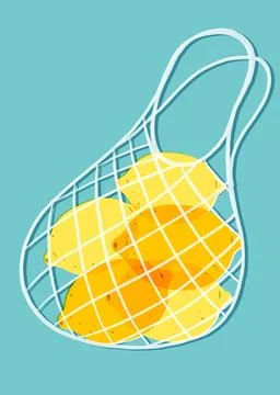 Vector Illustration of Fresh Lemons in a Reusable Mesh Net Bag Stock Illustration